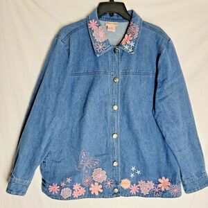 Toffee Apple Women's Denim Jacket Floral Butterfly Embroidered Size Large